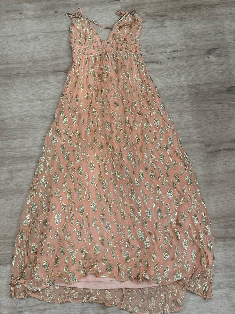 En Creme Peach Maxi Dress with Gold Metallic Accents